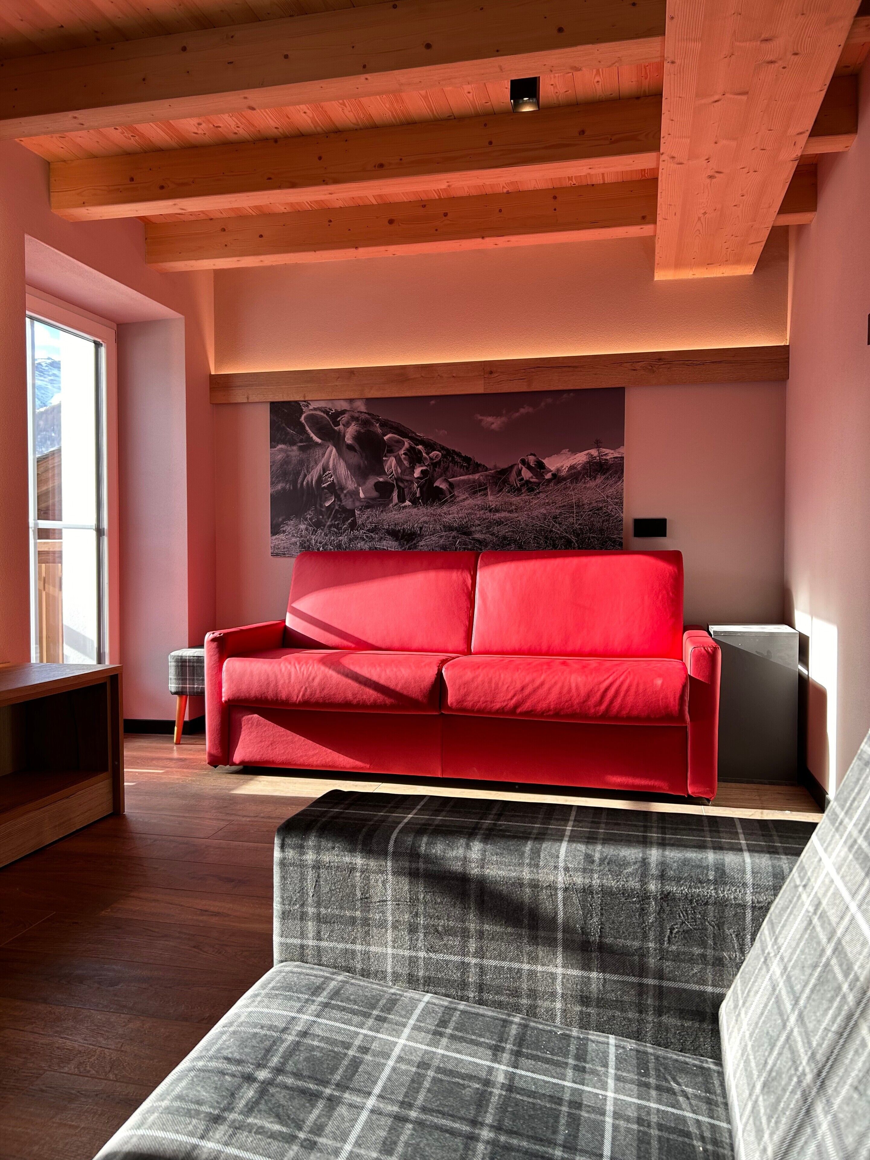 Ein modernes Wohnzimmer mit einem roten Sofa, einem grauen Schlafsofa, Holzbalken an der Decke und einem großen Landschaftsbild.