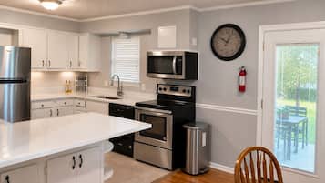 A modern kitchen with white cabinetry, stainless steel appliances, a microwave, and a clock on the wall.