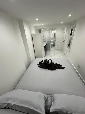 A hotel room with a bed, a bathroom, and a kitchenette.