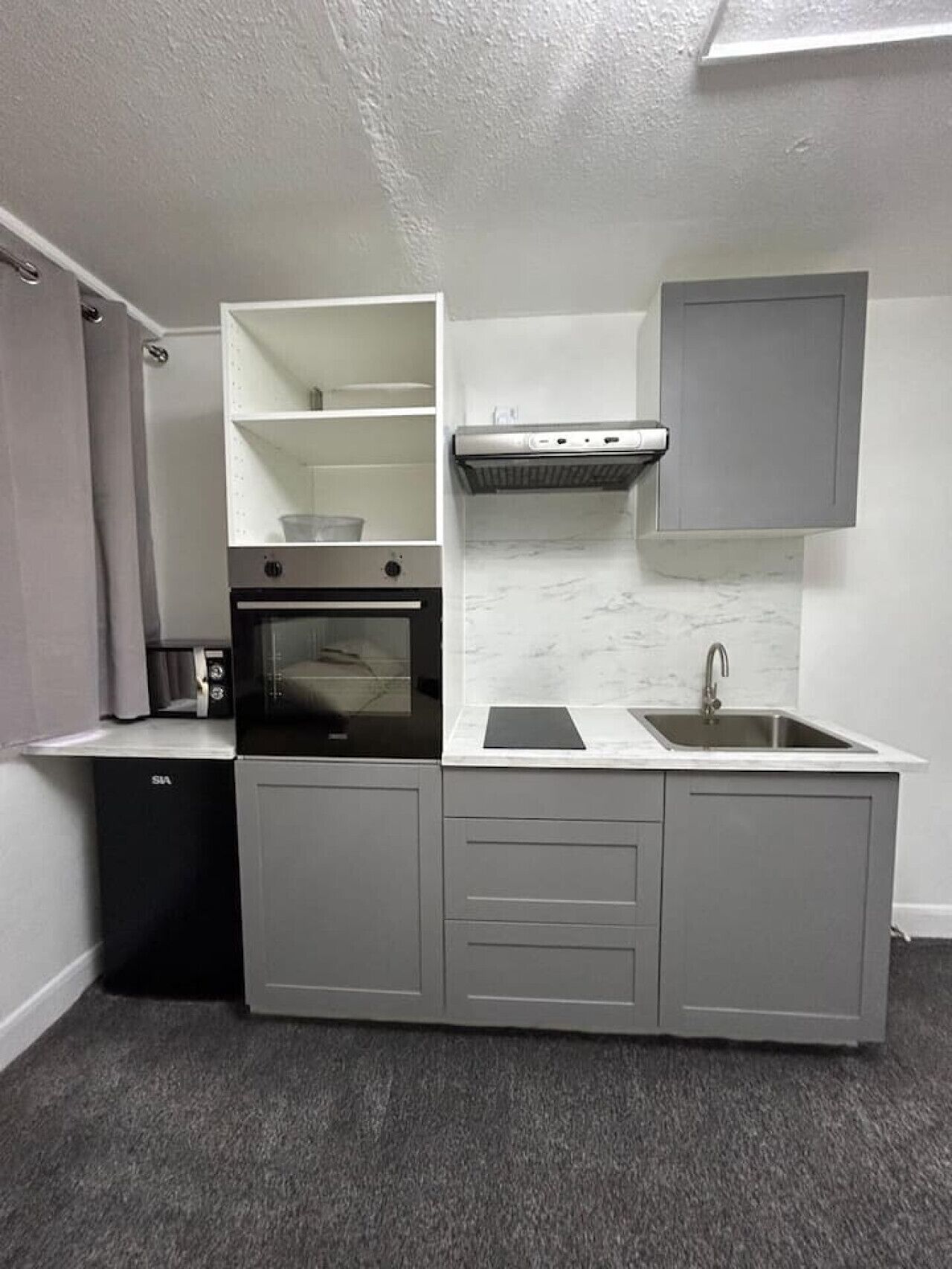 Fridge, microwave, cookware/dishes/utensils