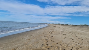 Ein Strand mit Fußspuren, die zum Wasser führen, einer Holzlattenzaun und einem wolkenlosen Himmel.
