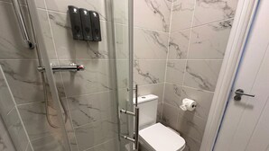 Een badkamer met een douche met glazen wand, een toilet en een handdroger.
