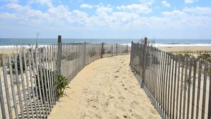 Ein Sandweg am Strand, der zum Meer führt, gesäumt von Holzzäunen.