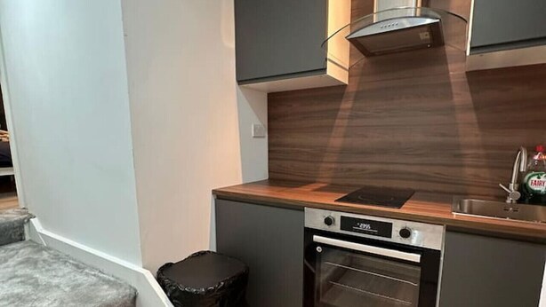 A modern kitchen with a built-in oven, a wooden countertop, and a stainless steel sink. - London Eye 15 minutes away (Greater London)