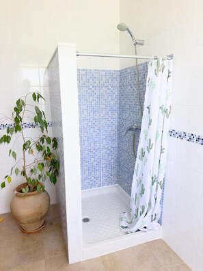 Shower, hair dryer, towels, soap
