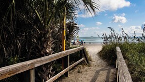 A wooden pathway leading to a beach with palm trees and a clear view of the ocean. - Canal Side Cocoa Beach 3BR 3BA Retreat (Cocoa Beach)