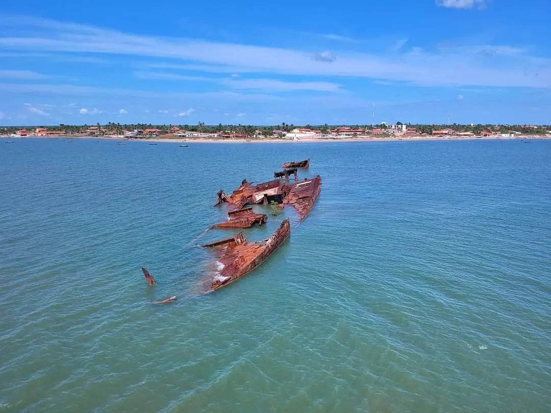 A large body of water with several rusted, sunken ships.