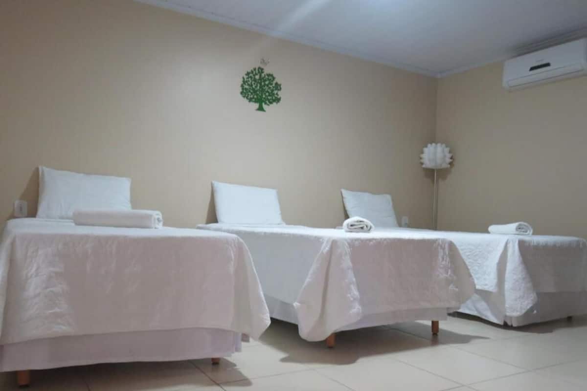 Une chambre d’hôtel avec trois lits simples, un climatiseur fixé au mur et un arbre décoratif sur le mur.