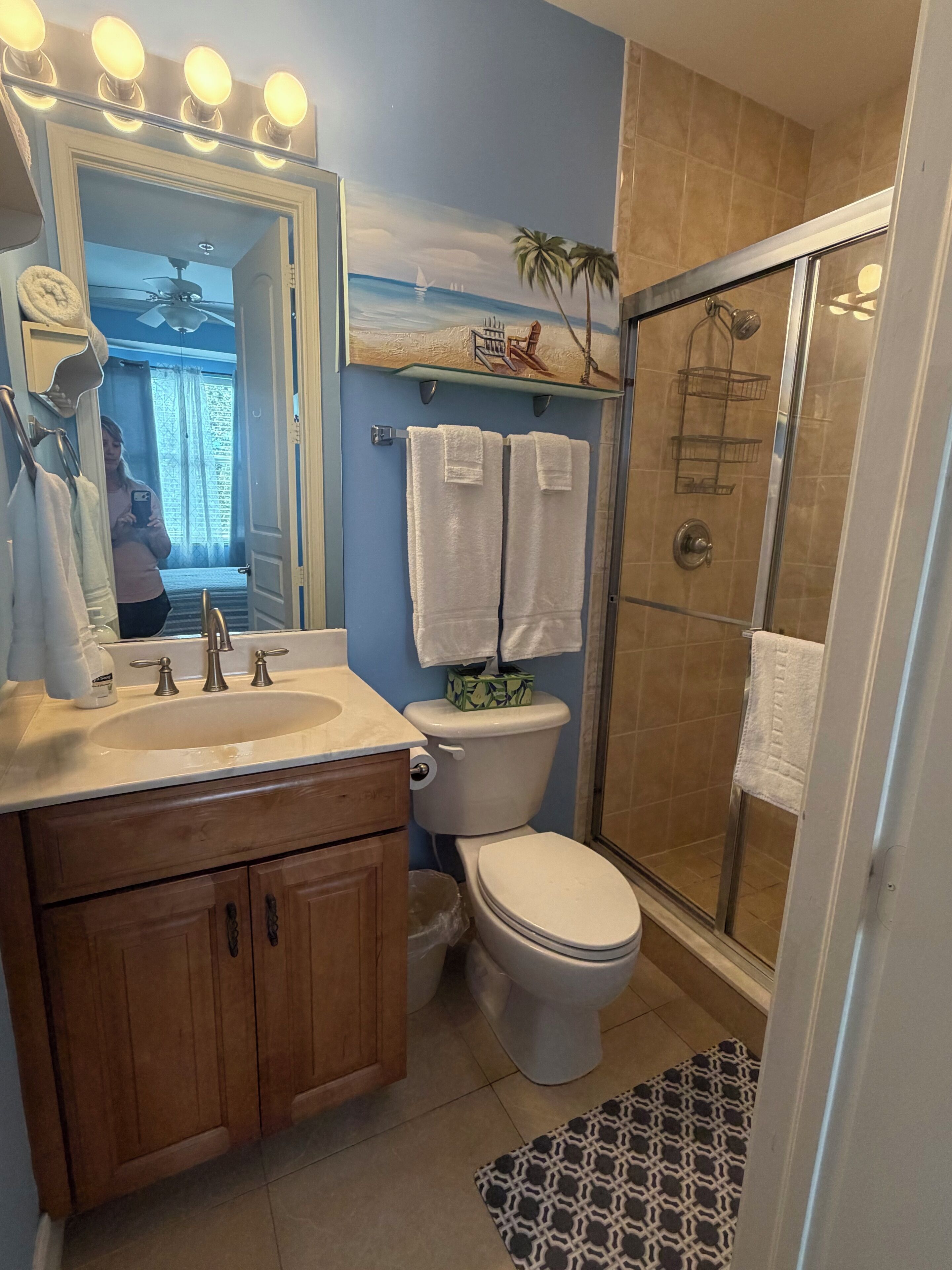 Shower, towels, soap, toilet paper