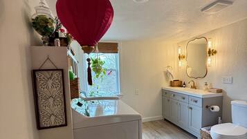 Hair dryer, towels, soap, toilet paper