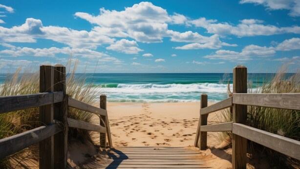 A wooden boardwalk leading to a sandy beach with ocean waves in the background. - Holiday Homes With Terraces, Sauna + Whirlpool (gmina Będzino)