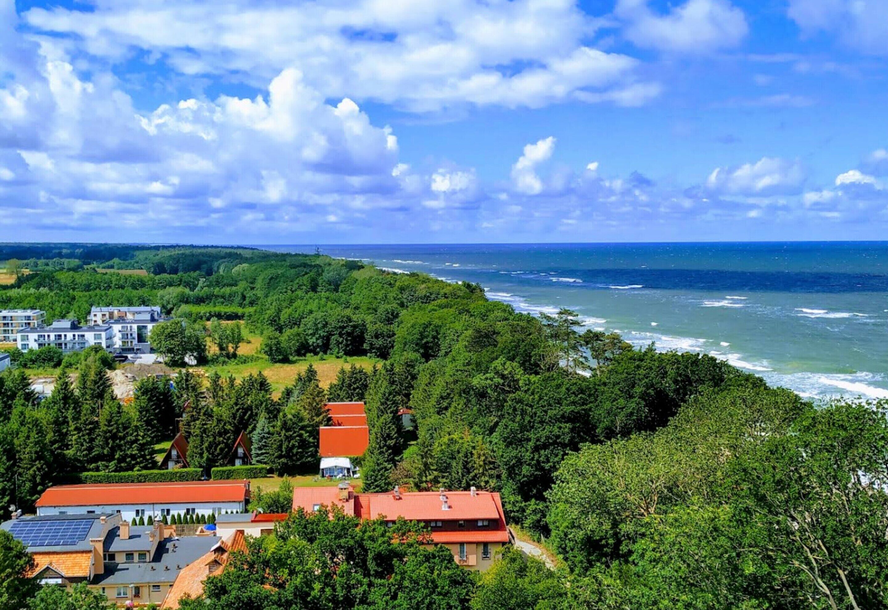 A coastal residential area with houses surrounded by dense greenery and a view of the ocean.
