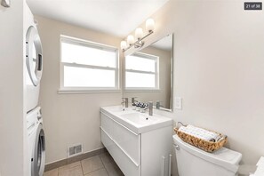 Hair dryer, towels, soap, shampoo