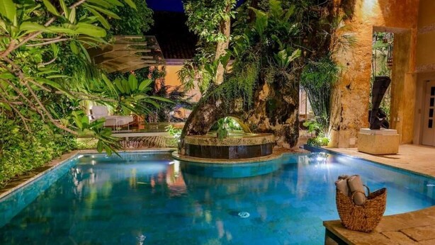A swimming pool surrounded by lush greenery and stone structures. - Hotel Casa Santiago Botero (Cartagena)