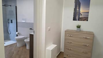 Shower, hair dryer, bidet, towels