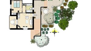 A floor plan of a hotel with a bedroom, bathroom, kitchenette, and a small outdoor area with plants and a seating area. - A sunny living room with a loggia and a beautiful view of Mont Ventoux (Montbrun-les-Bains)