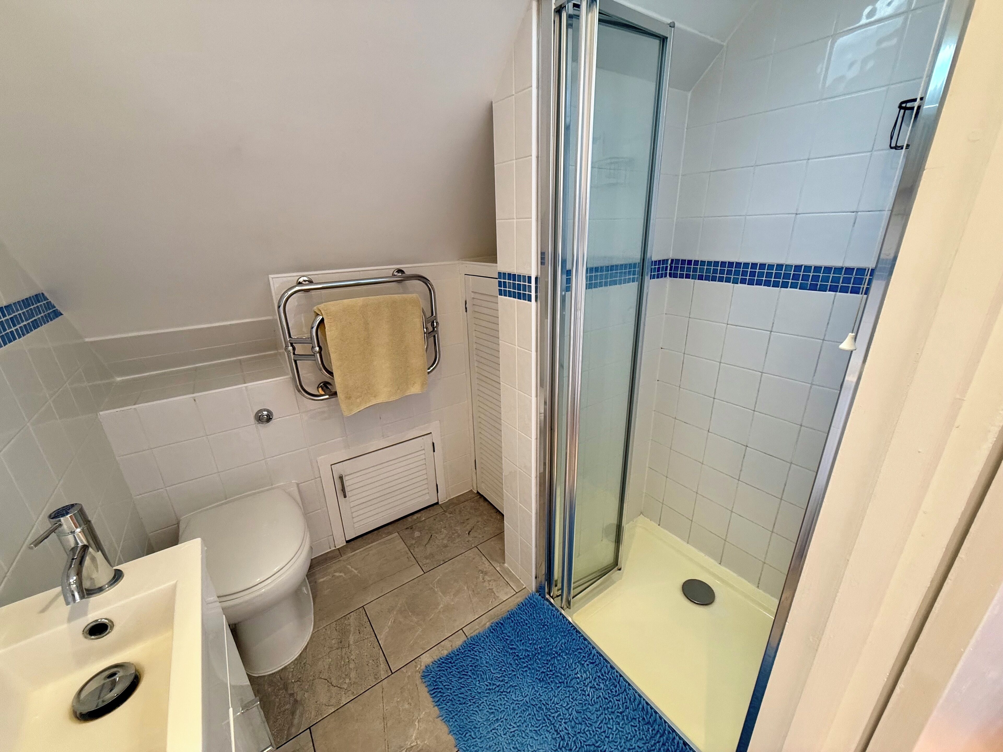 Shower, hair dryer, towels, toilet paper