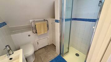 Shower, hair dryer, towels, toilet paper