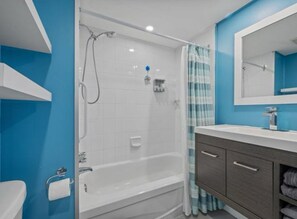 Hair dryer, towels, toilet paper