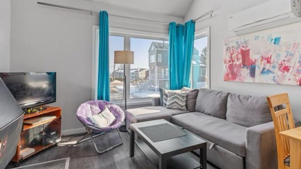 A modern living room with a grey sofa, a purple chair, a TV, and a skylight. - Condo MSA - Ski Beaupré (Beauprã©)