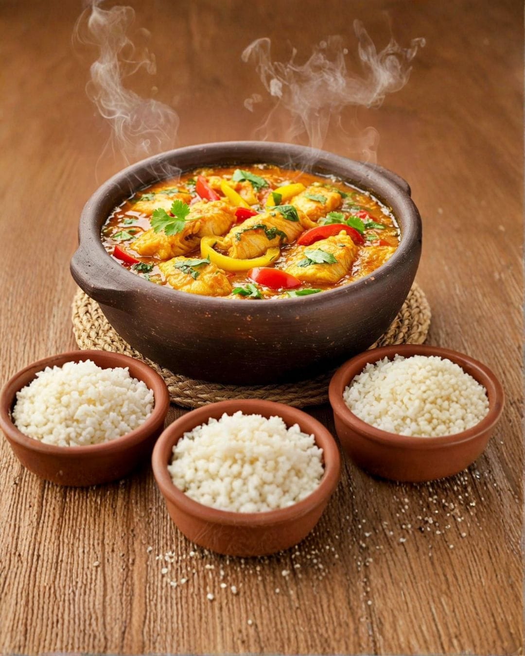 A clay pot with a stew, surrounded by three bowls of rice.