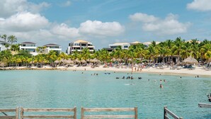 Un resort frente al mar con varias edificaciones, palmeras y una playa arenosa.