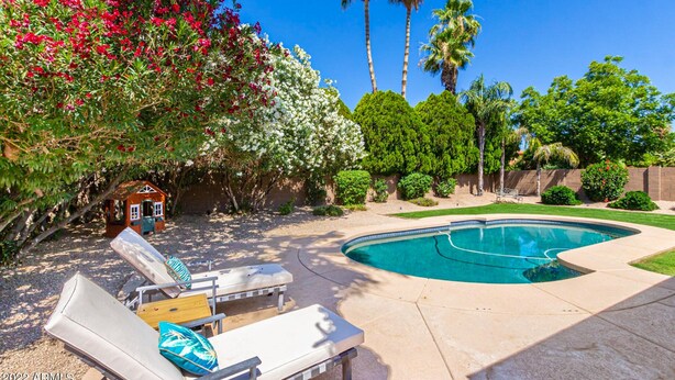 A backyard with a swimming pool, lounge chairs, and a small house-like structure. - Beautiful single-level home with enclosed yard, pool, patio & WiFi (Scottsdale)