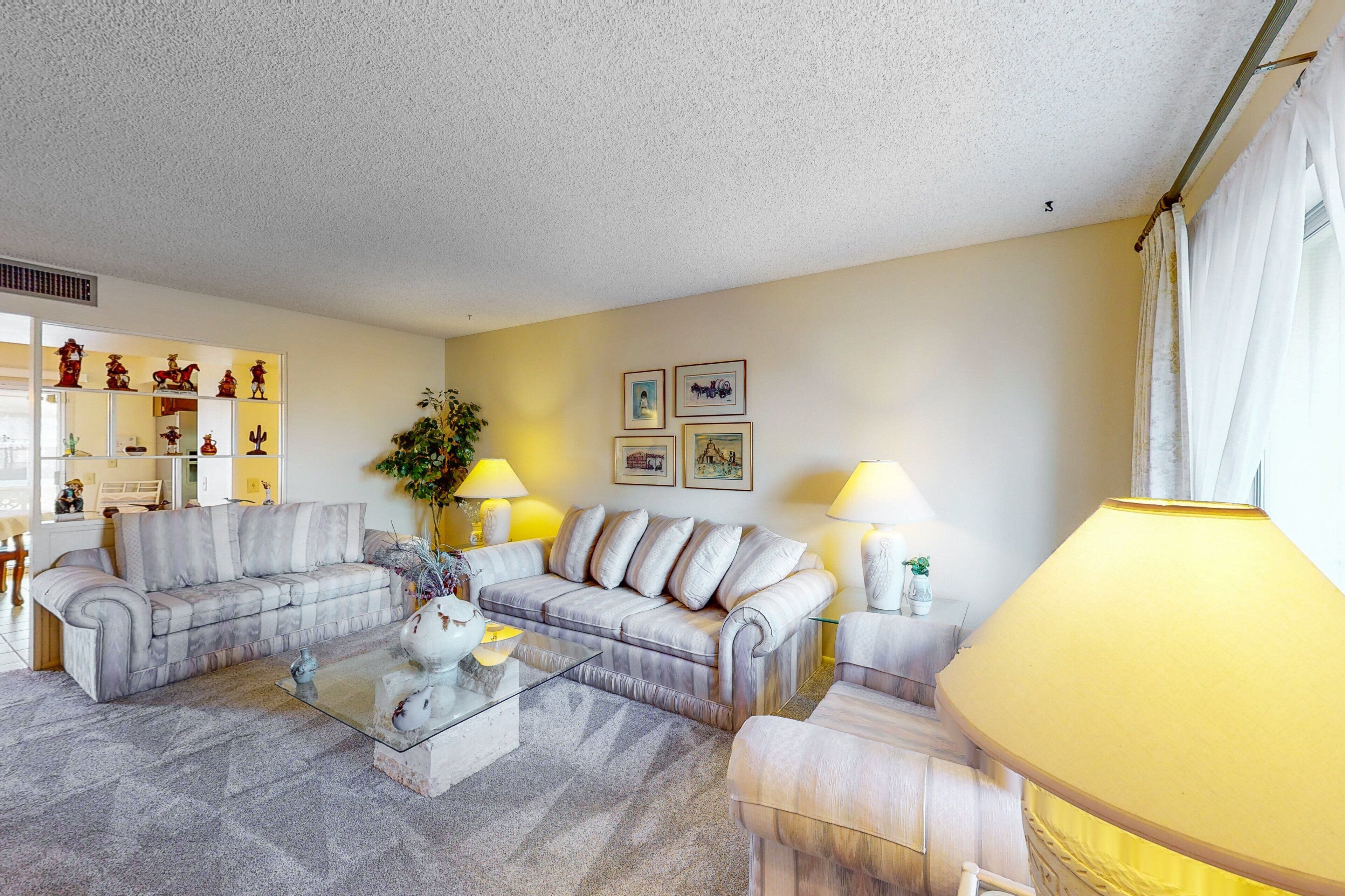 A living room with two sofas, a coffee table, and a lamp.