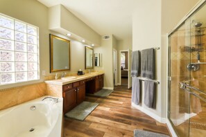 Shower, hair dryer, towels - Private desert dream home with enclosed yard, pool, furnished lanai, & grill (Mesa)