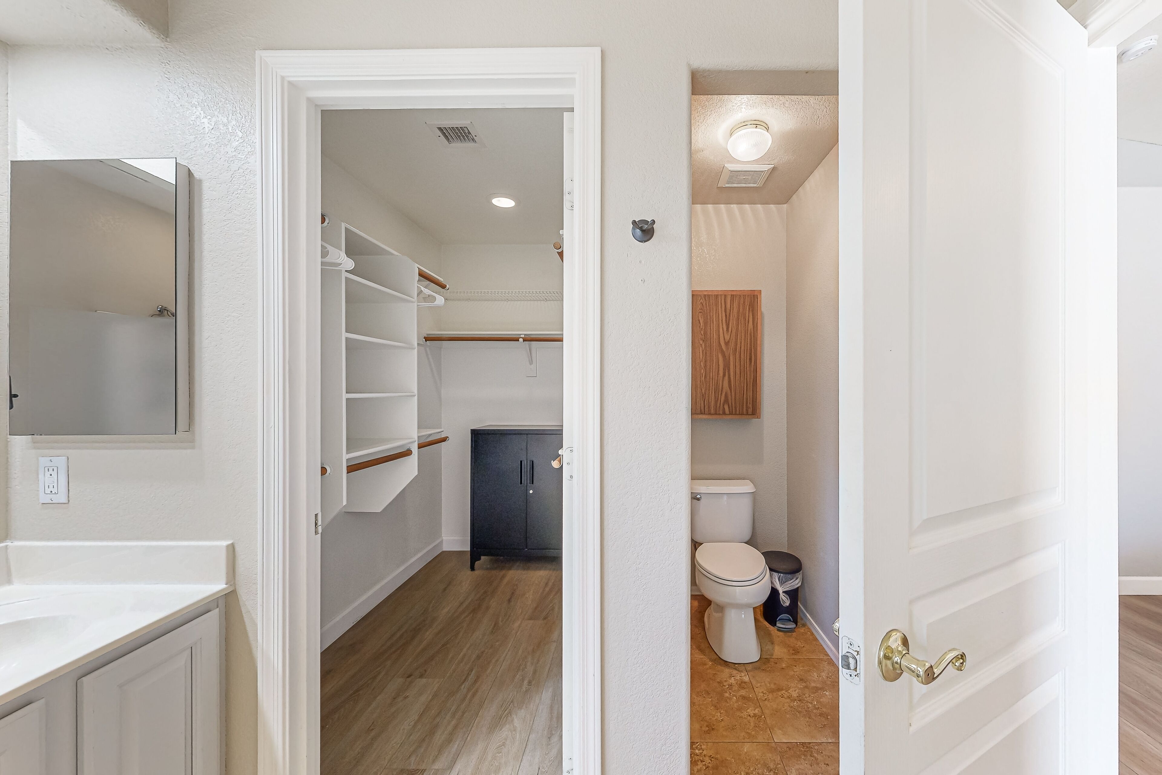 A bathroom with a white vanity, a mirror, a shower, and a toilet.