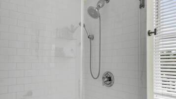 Shower, hair dryer, shampoo