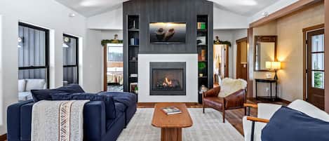 Smart TV, fireplace, books