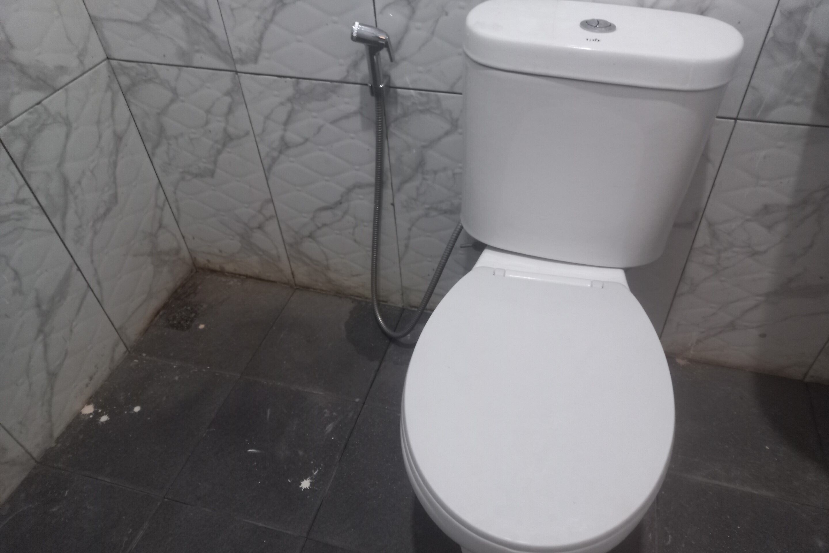 Inodoro con ducha en un baño con azulejos de mármol.