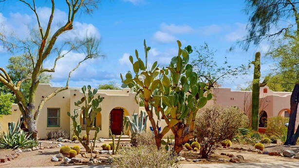 Paisatge desèrtic amb cactus i un edifici amb portals arquejats.