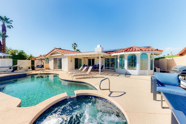 Pool - Golf course-front home with private pool, pool spa, fireplace, grill, & hammock (Palm Desert)