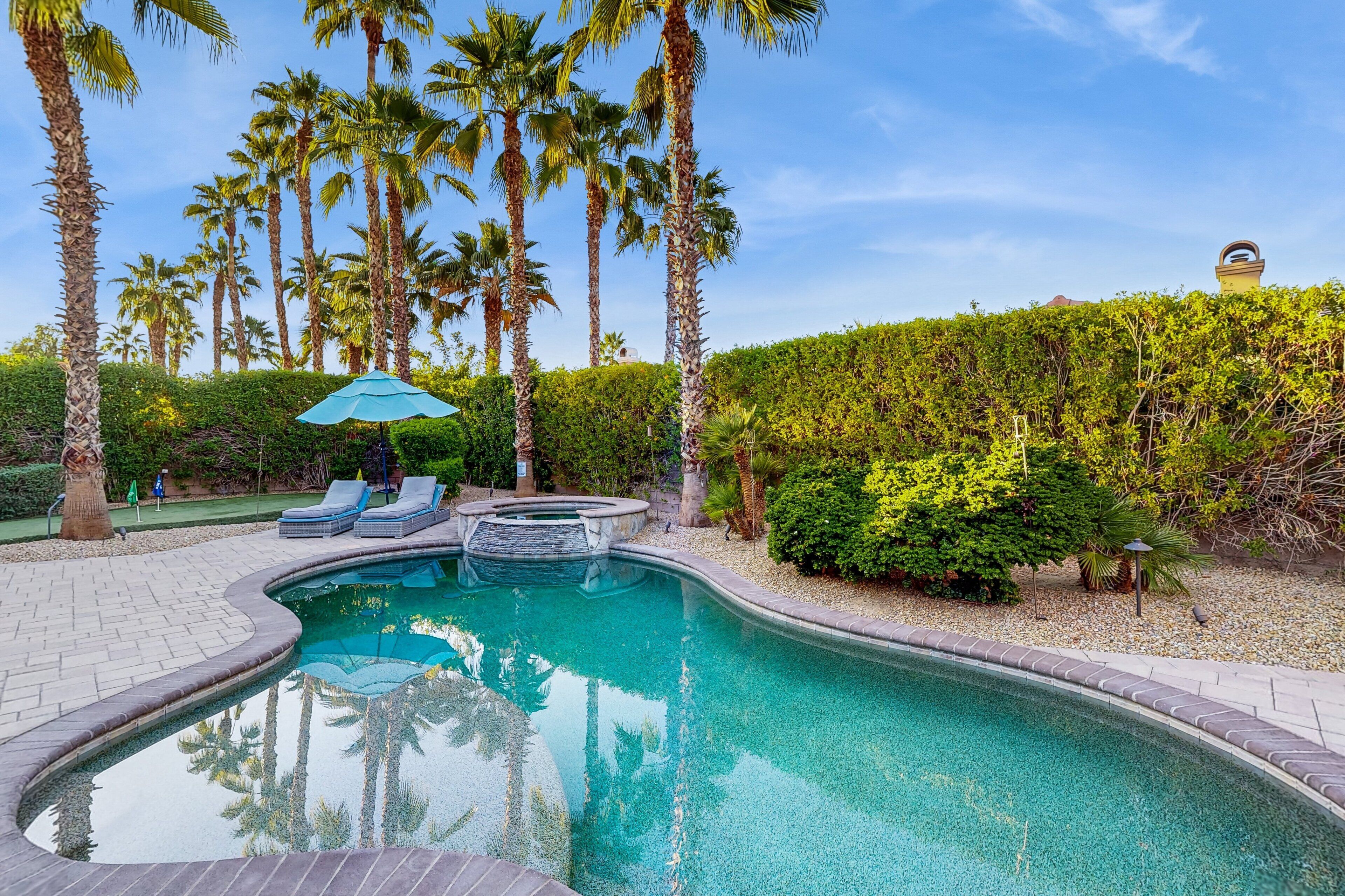 A swimming pool with lounge chairs and umbrellas, surrounded by palm trees and a hedge.