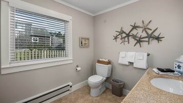 Hair dryer, towels, soap, toilet paper