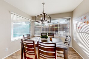 Dining - Updated home with enclosed yard, pool, grill, full kitchen, games, W/D, & AC (Mesa)