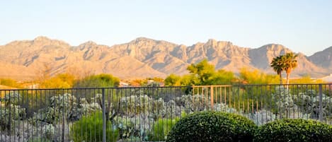 A mountainous landscape with a fence and garden in the foreground.