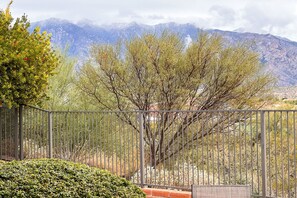 Blick auf ein Gebirge mit einem Baum im Vordergrund und einem Metallzaun.