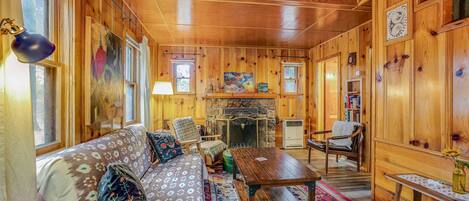 Fireplace, books
