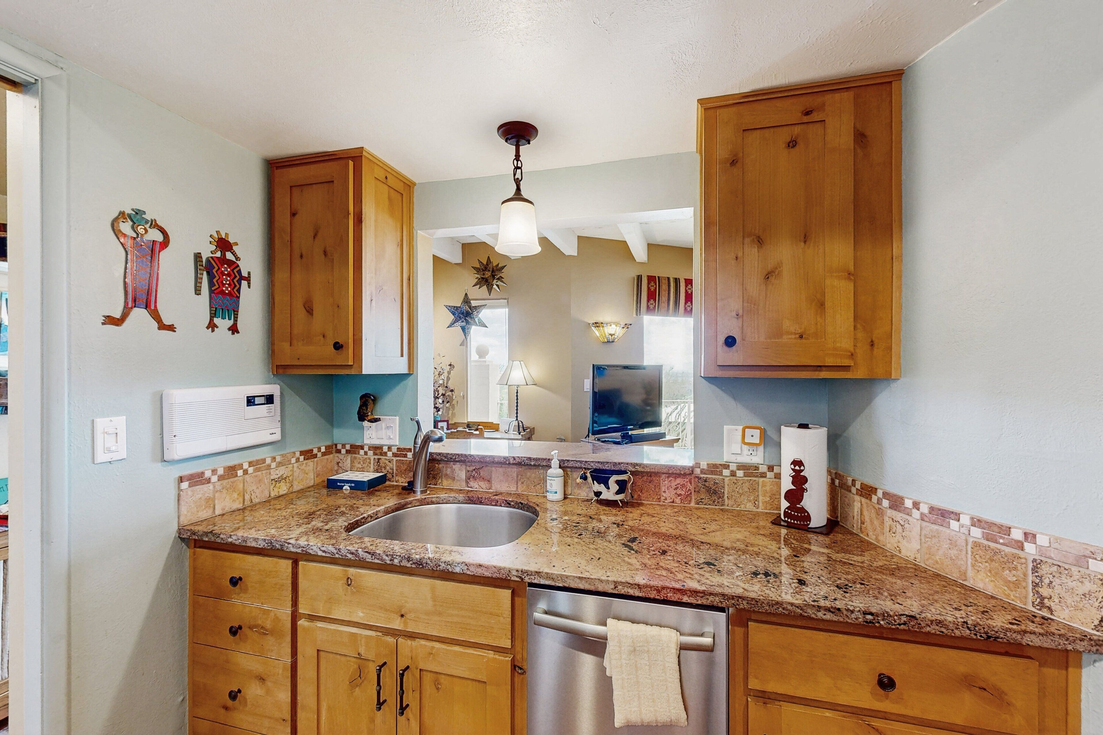 A kitchen with wooden cabinets, a granite countertop, a stainless steel sink, and a ceiling light fixture.