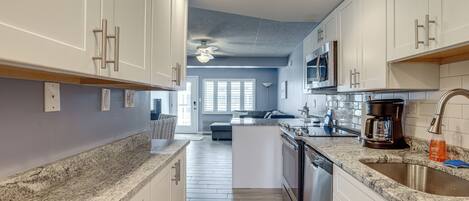 Microwave, coffee/tea maker, cookware/dishes/utensils