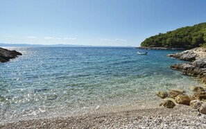 A clear coastal view with a pebble beach, calm sea, and a boat in the distance. - Beach front home in Zastrazisce (Zastrazisce)