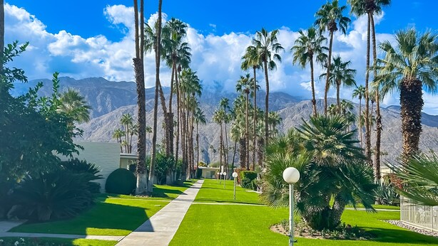 A well-maintained garden with a pathway leading to a building, surrounded by tall palm trees and mountains in the background. - Sunny Palm Springs Retreat with Shared Pool, Hot Tub & Prime Location! (Palm Springs)