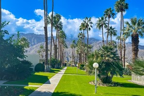 A well-maintained garden with a pathway leading to a building, surrounded by tall palm trees and mountains in the background. - Sunny Palm Springs Retreat with Shared Pool, Hot Tub & Prime Location! (Palm Springs)