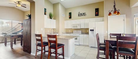Coffee/tea maker, fridge, microwave, oven