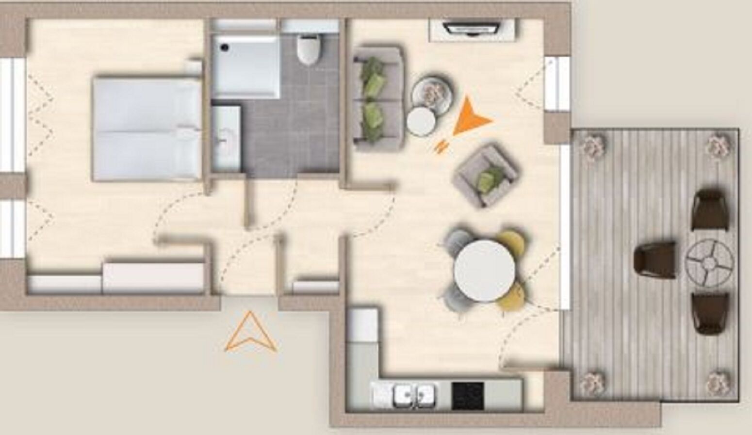 Planta baixa de um quarto de hotel, incluindo uma cama, banheiro, área de estar com mesa e cadeiras, e uma pequena cozinha.