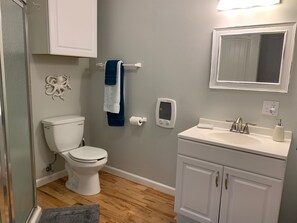 Shower, towels, soap, toilet paper