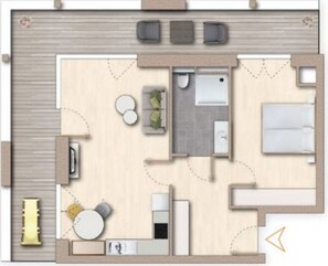 A floor plan of a hotel room with a bed, a bathroom, a sitting area with a table and chairs, and a small kitchenette. - The View B04 Briese - Garden furniture, elevator, shared Sauna, parking space (Dagebüll)